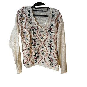 Vintage Allison Brittney Knit Sweater Embroidered Scalloped V Neck Floral